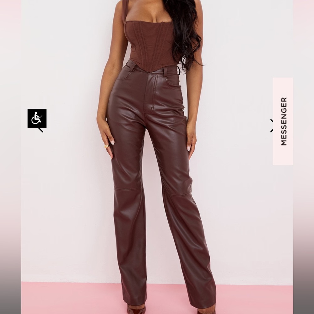 House of CB DARK BROWN STRETCH VEGAN LEATHER TROUSERS